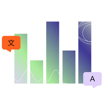Abstract data visualization with gradient bar charts in green and purple tones, a line graph overlay, an eye icon symbolizing analysis, and two speech bubbles—one with a Chinese character and one with the letter A—on a dark background.
