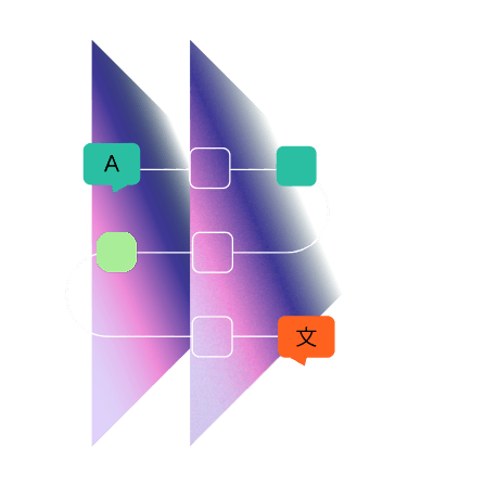 “Abstract workflow illustration with gradient purple shapes, connected rounded nodes, and curved lines forming a process flow, including two speech bubbles—one with the letter A and one with a Chinese character—on a dark background.