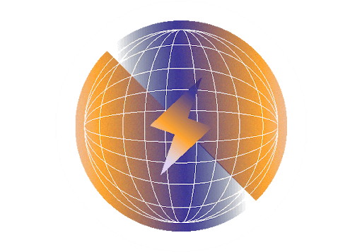 A stylized globe logo with a grid of meridians and parallels, diagonally split into orange and purple halves, featuring a lightning bolt in the center on a dark background.